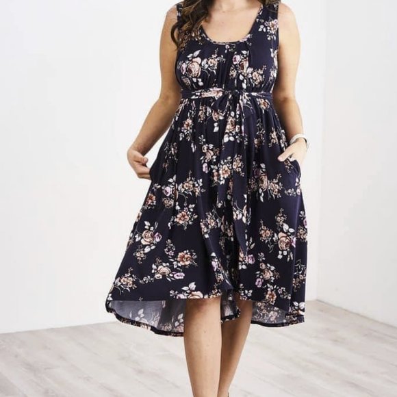 Latched Mama Petite Navy Peach Floral Romper and earrings - Picture 4 of 5